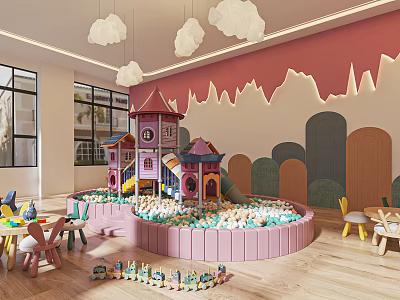 Colorful Kindergarten Indoor Area With Cloud Lights Castle Play Structure Ball Pit And Seats 3d model
