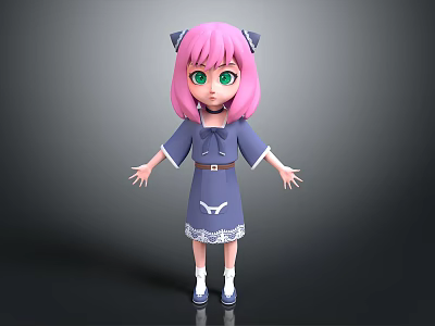 3D Cartoon Character With Pink Hair Green Eyes And Blue Dress Cat Ears 3d model