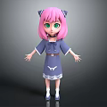3D Cartoon Character With Pink Hair Green Eyes And Blue Dress Cat Ears