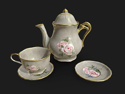 Elegant Tea Set With Teapot Cup Saucer Pink Roses And Gold Trim 3d model