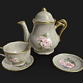 Elegant Tea Set With Teapot Cup Saucer Pink Roses And Gold Trim