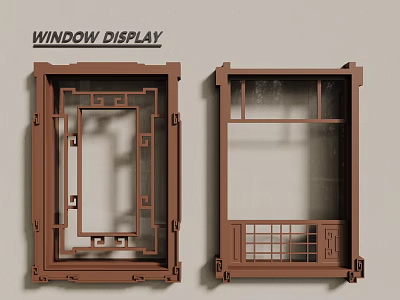 Traditional Carved Wooden Window Display With Intricate Lattice Frame Design 3d model