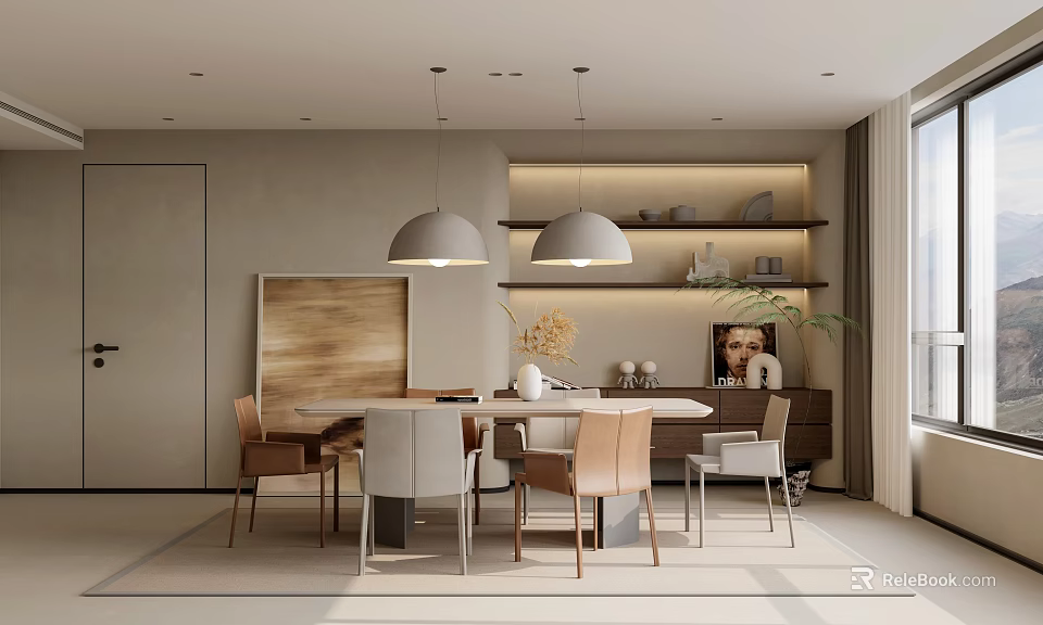 Modern Restaurant Interior Design With Dining Table Chairs Pendant Lights And Artwork 3d model