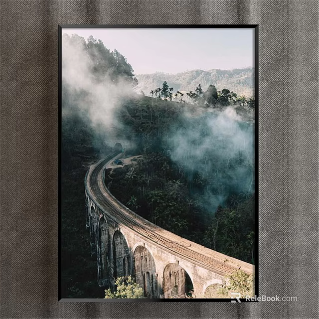 Scenic Landscape Painting Featuring Winding Railway Viaduct Amid Misty Green Mountains And Trees 3d model 