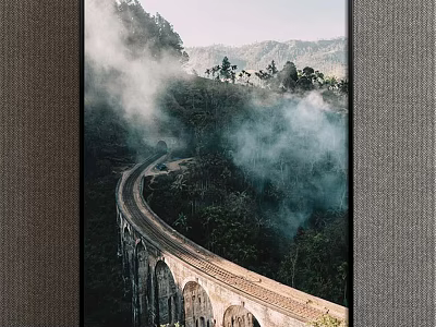 Scenic Landscape Painting Featuring Winding Railway Viaduct Amid Misty Green Mountains And Trees 3d model