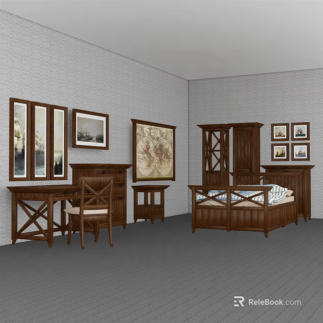 Classic Wooden Desk with Chair Bed Cabinets and Wall Art in Room 3d model 