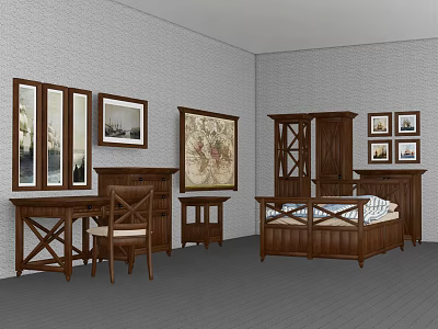Classic Wooden Desk with Chair Bed Cabinets and Wall Art in Room 3d model