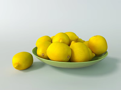 Fresh Juicy Lemons in Green Plate with Single Lemon Beside on White Surface 3d model