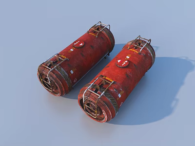 Red Cylindrical Industrial Equipment With Metal Frames Valves And Rusty Labels 3d model
