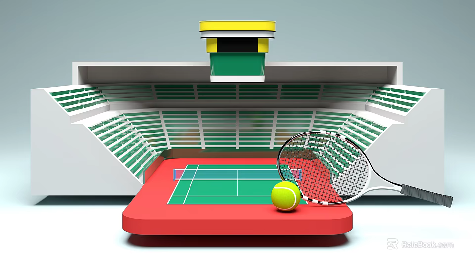 Tennis Court Fitness Training With Tennis Racket And Ball And Stadium Seats 3d model 