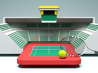 Tennis Court Fitness Training With Tennis Racket And Ball And Stadium Seats 3d model