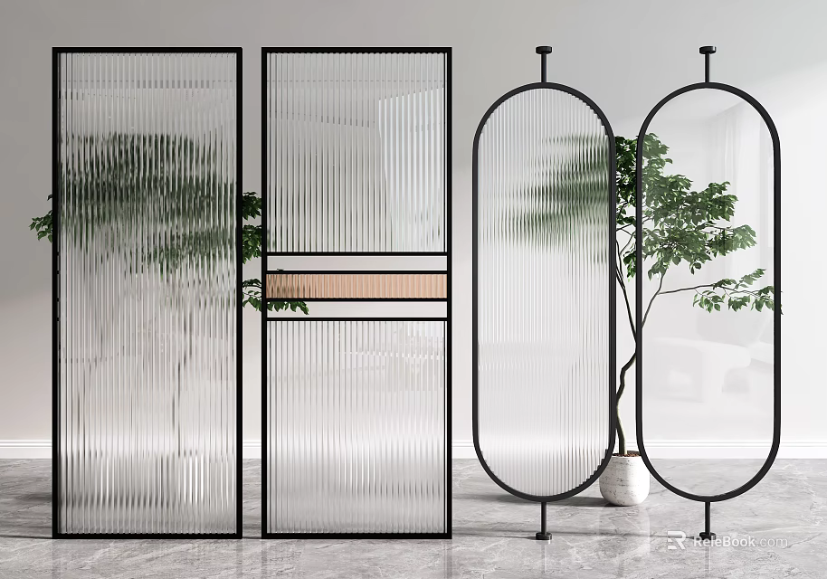Modern Glass Room Dividers With Black Frames Wooden Accents Striped Panels And Oval Shapes 3d model 