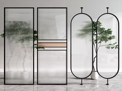 Modern Glass Room Dividers With Black Frames Wooden Accents Striped Panels And Oval Shapes 3d model