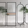 Modern Glass Room Dividers With Black Frames Wooden Accents Striped Panels And Oval Shapes