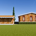 Single Story Wooden House With Orange Roof Stone Chimney Green Lawn And Pine Trees