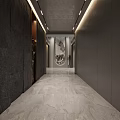 Modern Elevator Hallway Interior With Marble Floor Dark Walls And Decorative Artwork 3d model