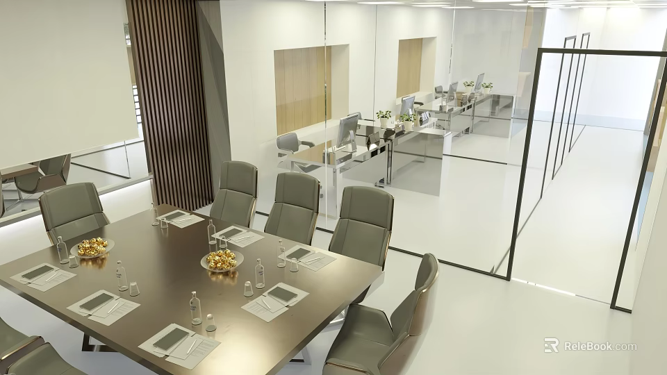 Modern Spacious Conference Room Interior With Wooden Table Ergonomic Chairs And Glass Partitions 3d model 