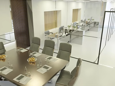 Modern Spacious Conference Room Interior With Wooden Table Ergonomic Chairs And Glass Partitions 3d model