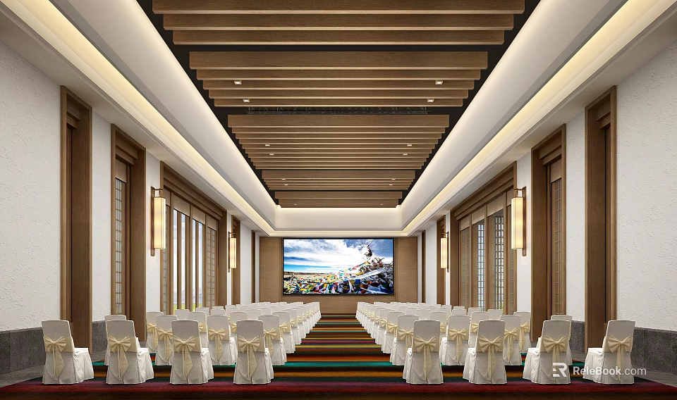 Elegant Banquet Hall With Wooden Ceiling Arranged White Chairs Large Screen And Colorful Carpet 3d model 