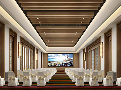 Elegant Banquet Hall With Wooden Ceiling Arranged White Chairs Large Screen And Colorful Carpet 3d model