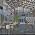 Modern Restaurant Interior With Large Windows Wooden Lattice Indoor Plants And Dining Tables