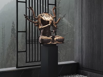 Traditional Multi Armed Sculpture Carving On Black Pedestal Indoor With Mountain View 3d model