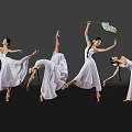 Women In White Dresses Dancing With Various Poses And Flower Bouquet On Black Background