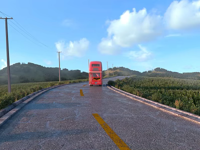 Red Double Decker Bus Driving On Rural Road With Green Fields And Blue Sky 3d model