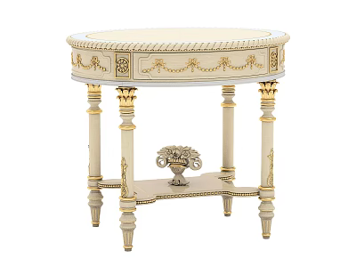 Round European Style Accent Table With Ornate Carved White Gold Finish And Decorative Vase Shelf 3d model
