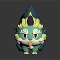 Cute Creature Character With Green Body Yellow Mane Purple Horn Blue Tail Sticking Tongue