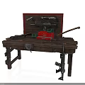Wooden Workbench Featuring Assorted Weapons Tools Gun And Toolbox Equipment