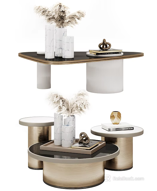 Modern Coffee Table With Elegant Marble Top Metal Base And Decorative Vase Books 3d model 