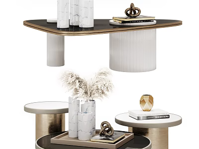 Modern Coffee Table With Elegant Marble Top Metal Base And Decorative Vase Books 3d model
