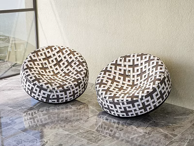 Round Stools With Black And White Geometric Pattern On Bright Marble Floor By Window 3d model