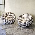 Round Stools With Black And White Geometric Pattern On Bright Marble Floor By Window 3d model