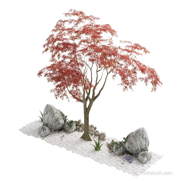 Red Maple Arbor With Red Leaves Surrounded By Stones Small Plants On White Pebble Ground 3d model 
