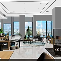 Modern Lobby Interior With Large Windows City View Sofa And Green Plants