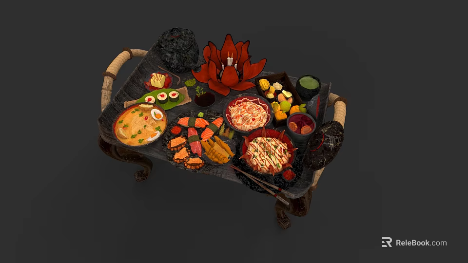 Colorful Assorted Food Platter on Black Tray with Red Lotus Sushi and Fresh Ingredients 3d model 