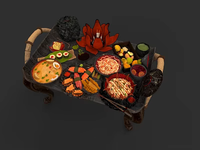 Colorful Assorted Food Platter on Black Tray with Red Lotus Sushi and Fresh Ingredients 3d model