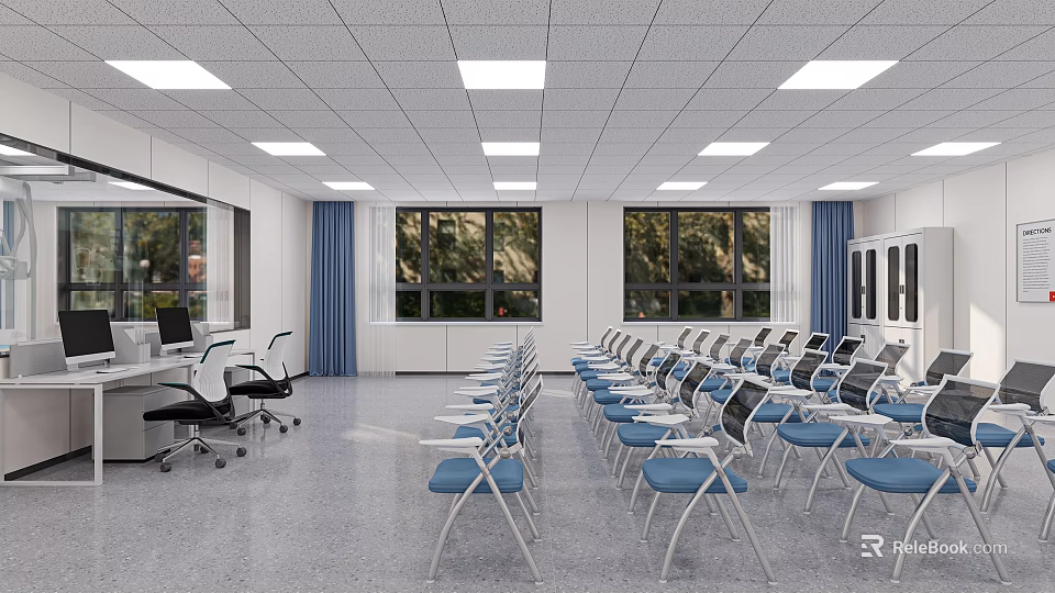 Training Room Interior With Neatly Arranged Blue Chairs Large Windows And Blue Curtains 3d model 