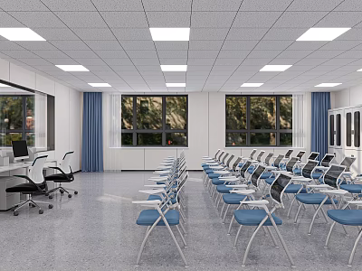 Training Room Interior With Neatly Arranged Blue Chairs Large Windows And Blue Curtains 3d model