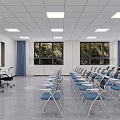 Training Room Interior With Neatly Arranged Blue Chairs Large Windows And Blue Curtains