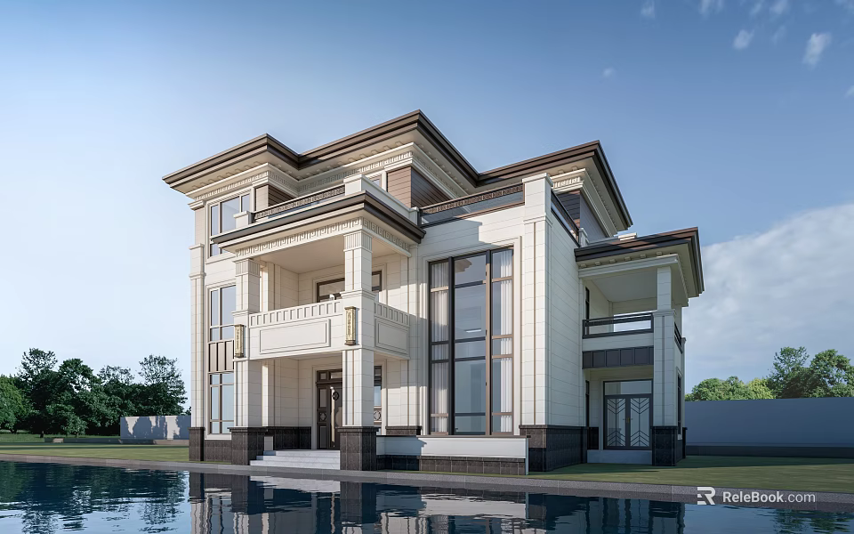Elegant Two Story Detached Villa Exterior With Swimming Pool And Large Glass Windows 3d model 
