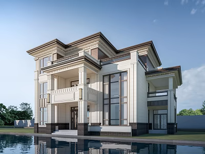 Elegant Two Story Detached Villa Exterior With Swimming Pool And Large Glass Windows 3d model