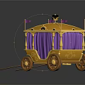 Elegant Yellow Carriage With Purple Curtains Flags Top Decoration And Wooden Poles