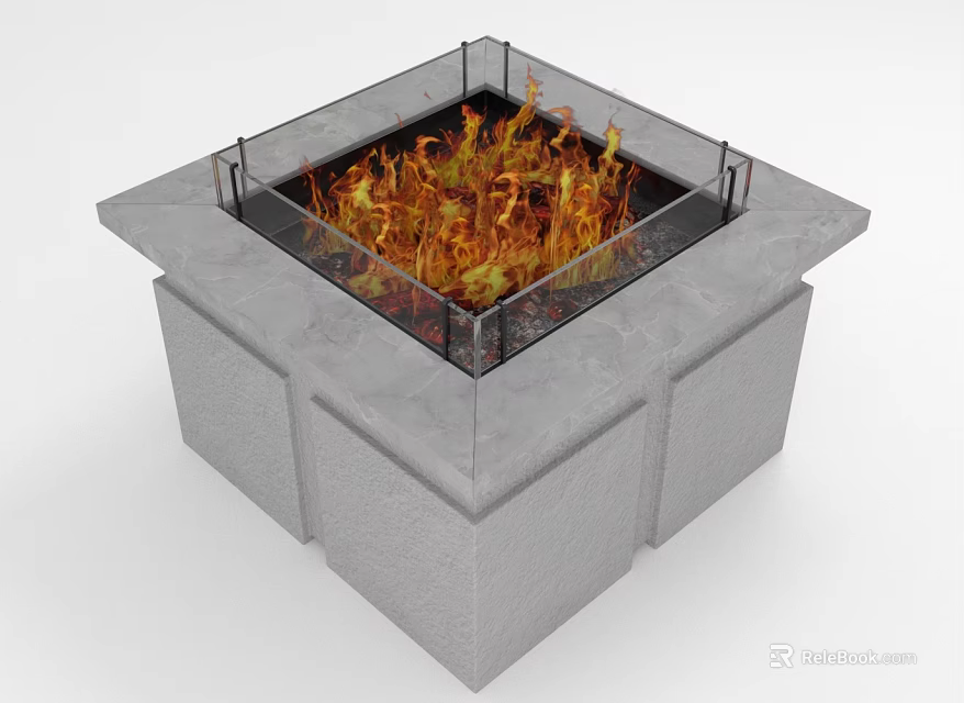 Outdoor Square Stone Fire Pit With Glass Guardrail And Burning Flames 3d model