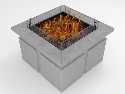 Outdoor Square Stone Fire Pit With Glass Guardrail And Burning Flames 3d model