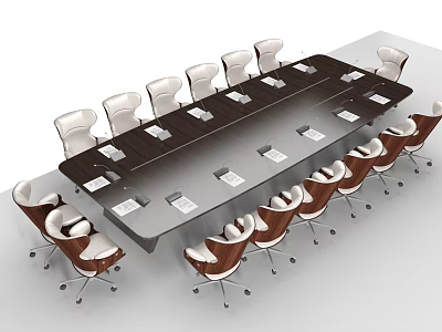 Modern Rectangular Conference Table Surrounded by White and Brown Office Chairs 3d model