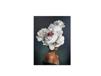 Artistic Portrait With Large White Peony Flowers Covering Head And Dark Background 3d model
