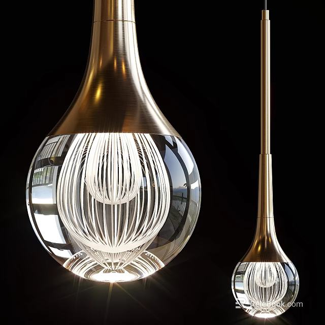 Modern Metallic Pendant Lights With Transparent Glass Shade Inner Line Design Illuminated Against Black Background 3d model 